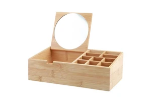 Multipurpose Cosmetics Makeup Organizer Bamboo Storage Box With Mirror