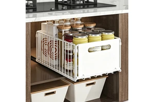 No Drill Metal Basket Pull Out Cabinet Organizer Foldable Under Sink Storage Rack with Sliding Drawer