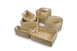 Woven Natural Wicker Rattan Storage Basket Handwoven in Vietnam, Custom Decorative Organizer for Stylish Home and Shelf Display
