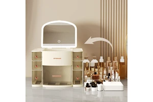 Large-Capacity Dust-proof Plastic Desktop Cosmetic Storage Box PP Material with Mirror Surface Light Skin Care Dresser Rack