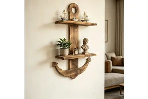 Solid Wood Double-tier Nautical-style Wall Shelf Handcrafted Anchor-shaped Floating Shelf Wall-mounted Storage Rack Eco-Friendly