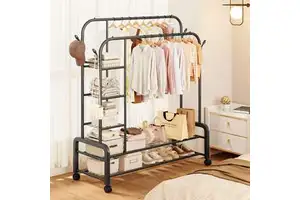 Cedar space Multifunctional Movable Metal Coat Rack Double-Rod Garment Rack Storage Shelves Rust-Proof for Bedroom Living Room Shoe Storage