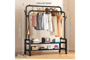 Customize Movable Double-Rod Coat Rack with Double-layer Storage Shelves Multifunction Garment Rack Cloth Rack for Bedroom