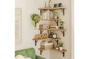 5-Tier Modern Wall-Mounted Wooden Floating Shelves Multifunctional Storage Organizer for Bathroom Kitchen & Living Room