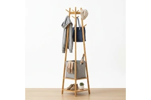 Space Saving Bamboo Coat Rack Fabric Basket Entryway Clothes Organizer Freestanding Garment Hanger for Bedroom