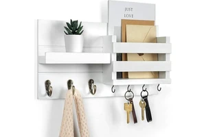 Wall-Mounted Wooden Storage Rack with Mail & Key Holder for Home Wall Decor