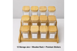 For Round Jar Ladder Rack Set 12-Piece Chinese Style Kitchen Storage Organizer Glass Storage Jars With Three-Layer Ladder