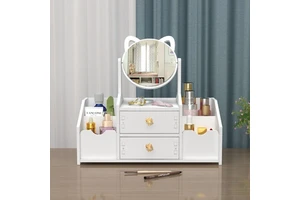 Luxury White Round Mirror Nordic Cosmetic Storage Box Makeup Organizer With Cat Ears