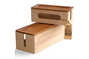 Set of Two Natural Wood Cable Management Box Large and Medium Cord Organizer to Hide Wires and Power Strips for TV Computer