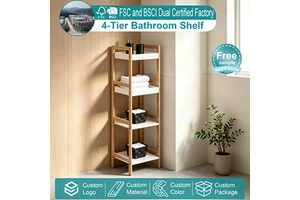 4 Tier Bamboo Bathroom Shelf With White Trays Freestanding Bathroom Storage Shelf Organizer Natural Wood Bathroom Shelving Unit