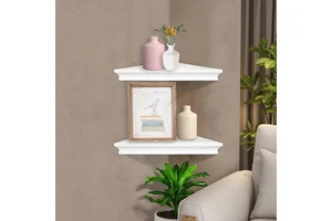 Modern Office Corner Wall Shelf Double Tier Solid Wood Floating Shelves Wall Mounted Multifunction Storage Rack