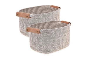 Nordic Cotton Rope Woven Square Storage Basket with Leather Handles Cross-Border Household Fabric Basket