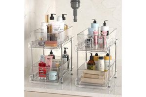CF 2 Tier Clear Plastic Under Sink Pull Out Countertop Organizer Kitchen Pantry Medicine Cabinet Bathroom Storage With Dividers