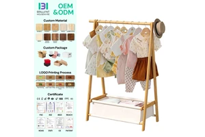 BH Foldable Garment Holder Coat Rack Freestanding Coat Stand Child Clothing Stand Bamboo Clothes Rack with Storage Box