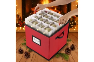 600D Oxford Fabric Christmas Ornament Storage Box with Dividers & PP Plastic Tray, 64 Ball Xmas Decor Storage Container Bin