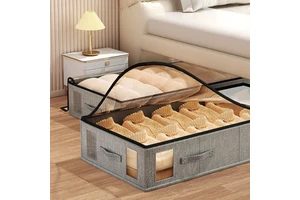 Under Bed Storage Box Gray 50L-60L Capacity With Lid Drawer Type Clothing Organizer Rectangle Solid Color