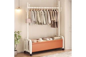 Modern Iron Coat Rack 4 Hooks Detachable Storage Basket Customizable Movable Space Saving Hotel Living Room
