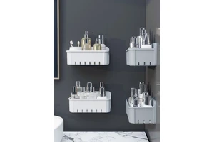 Bathroom Wall-Mounted Large Capacity Non-Perforated Durable & Multifunctional PS Material Storage Rack with Holder