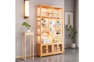 Solid Wood Single-Tier Grid Shelf Wall-Mounted Storage Rack Decorative Display Cabinet for Tea Pots Rack Holders for Living Room