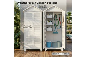 White Steel Outdoor Storage Cabinet With Louvered Double Door Shelves Garden Tool Organizer Weatherproof Patio Shed