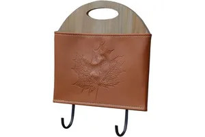 PARISLOFT Natural Wood and PU Wall Organizer with 2 Metal Hooks,9.5 x 1.75 x 11.4 inches, Brown
