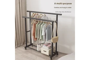 Large Capacity Custom Modern Simple Movable Double Rod Iron Coat Rack Storage Organizer Shelves Living Room Clothing Rack