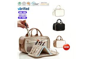 Factory OEM Compartment Travel Makeup Bag Large Capacity Cosmetic Bag Waterproof Portable Hanging PU Custom Logo Makeup Case