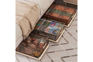Haogle Foldable Rolling Under Bed Storage Bins With Wheels Sliding Underbed PP Clothes Containers With Lid Open From Both Sides