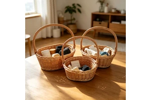 Round Woven Storage Basket With Reinforced Rim Perfect for Vegetable Harvesting Craft Supply Organization
