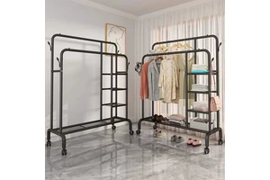 Free Standing Coat Stand Indoor Outdoor Cloth Storage Rack Garment Racks Double Pole Clothing and Shoe Rack