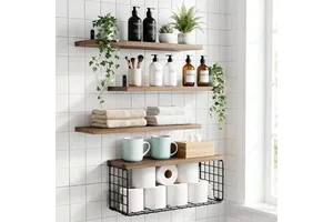 Multi-Layer Wooden Floating Wall Shelf Bathroom Towel Toilet Paper Storage Rack with Metal Wire Basket Farmhouse Decor