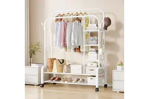 Stable Movable Metal Coat Rack Stand Multifunctional 130cm Double-Rod Clothes Storage Shelves High Clothing Organizer
