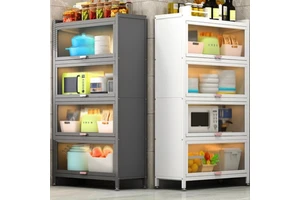 Kitchen Appliance Storage Cabinet Multi-level Pantry Shelf Dust-proof Organizer with Stainless Steel Frame Pots Pans Utensils