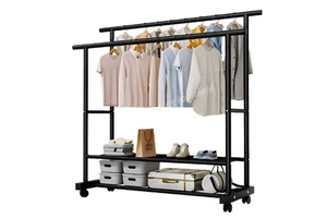 Large Capacity Movable Double Rod Metal Coat Rack Organizer Bedroom/Balcony Storage Shelves for Clothes & Shoes