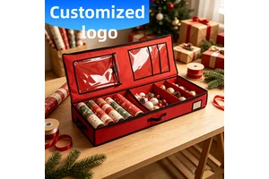 Christmas Wrapping Paper Storage Box, Red & Black Fabric Holiday Organizer with Dividers & Clear Lid Pockets