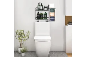 Modern Heavy Duty No Drill Toilet Tank Organizer Black Metal Double Tier Bathroom Storage Racks Shelf