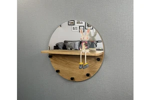 Simple Style, Round with Mirror, Hook, Wood Grain Texture, Multi-functional Wall Shelf