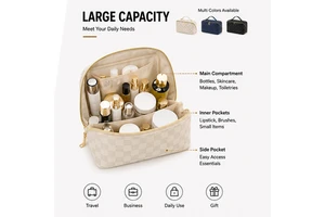 High Quality PU Leather Luxury Checkered Skin Beautycase Custom Logo Portable Waterproof Zipper Travel Cosmetic Pouch Makeup Bag