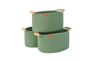 StorageWorks Green Woven Basket with 13-Inch Cotton Rope Wooden Handles Decorative Storage Basket-3-Pack for Cooling Use