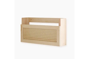 Natural Wood Wall Shelf with Rattan Design, Space - Saving Wall - Mounted Storage Rack for Home & Office Decor