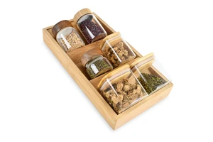 3 Section Bamboo Drawer Organizer Tray for Kitchen Pantry Spice Jar Storage Countertop Cabinet Declutter Solution