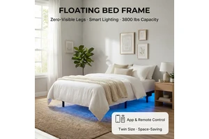 Modern Bedroom Furniture With Charging Station RGB LED Lights No Box Spring Needed Floating Metal Bed Frame