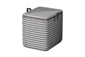 Large Capacity Houndstooth Fabric Storage Bag: Stackable Clothes Organizer with Zipper & Handles for Quilts, Seasonal Storage