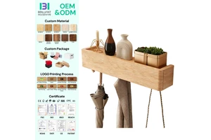 BH Modern Floating Shelves Bamboo Wood Wall Mounted Coat Rack Key Holder with Shelf Hooks and 5 Hidden Hooks