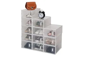Clear Plastic Stackable Shoe Storage Boxes 12-Pack White Space Saving Organiser for Wardrobe Five Layer Design Injection Molded