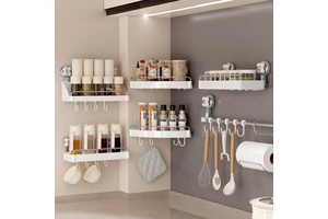 Modern Design Wall-Mounted Multi-Functional Kitchen Storage Rack Seamless Plastic Wall-Holes Drilled for Pot Hooks Spice Rack