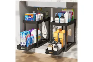 CF Plastic Multi-functional 2 Tier Pull-Out Bathroom Kitchen Under Sink Cabinet Storage Organizers with Hooks