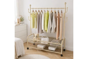 Home Indoor Furniture Double-Rod Metal Coat Rack Display with Bag Use Clothes Storage Organizer Garment Rack