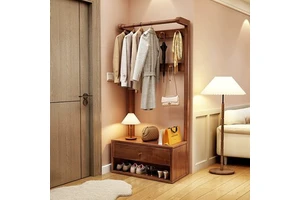 Solid Wood Coat Rack Floor Storage Cabinet Integrated Clothing Hanger Entrance Wardrobe Bedroom Storage Shelf