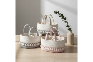 Custom Logo Handmade Eco-Friendly Cotton Rope Woven Storage Basket with Removable Tassel for Baby Diapers and Laundry